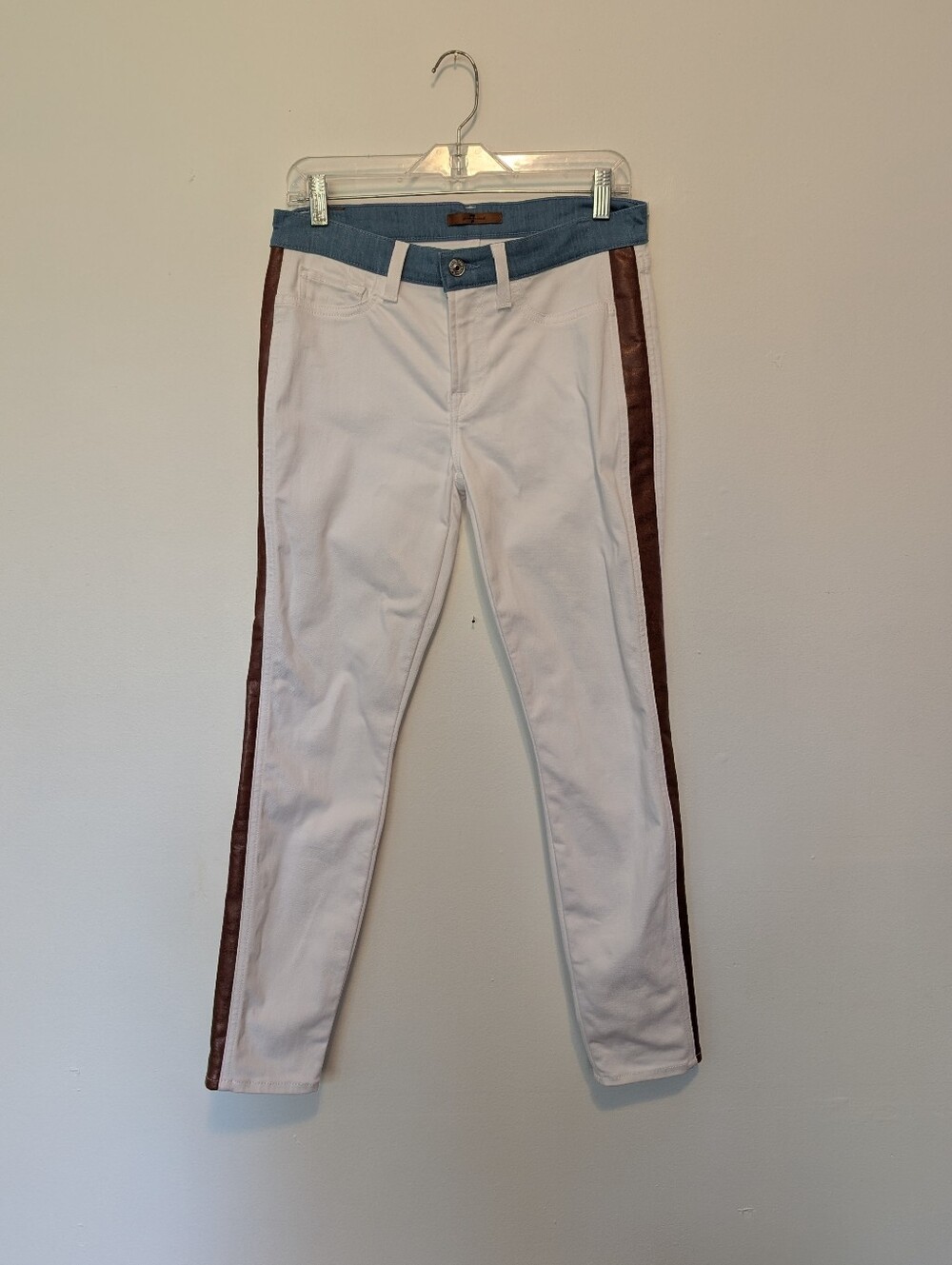 7 For All Mankind Ankle Tuxedo  Jeans White Cognac Leather Stripe 2
